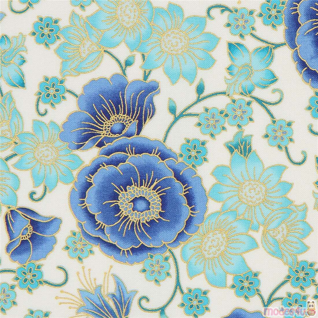 metallic gold and cream fabric with blue poppy flowers by Robert ...