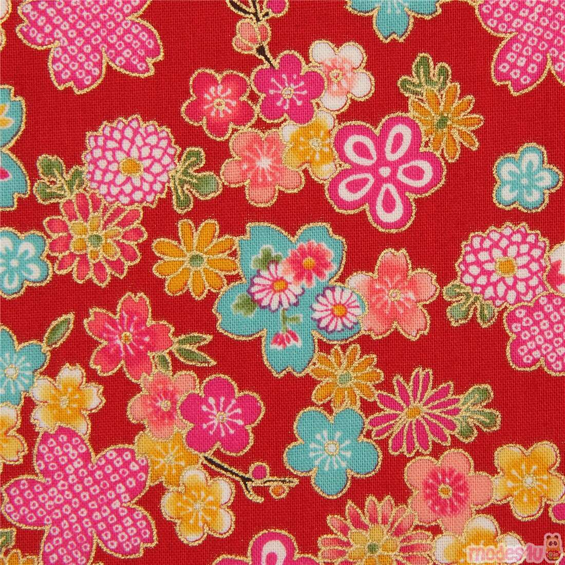 metallic gold sakura flower fabric in red by Robert Kaufman - modeS4u