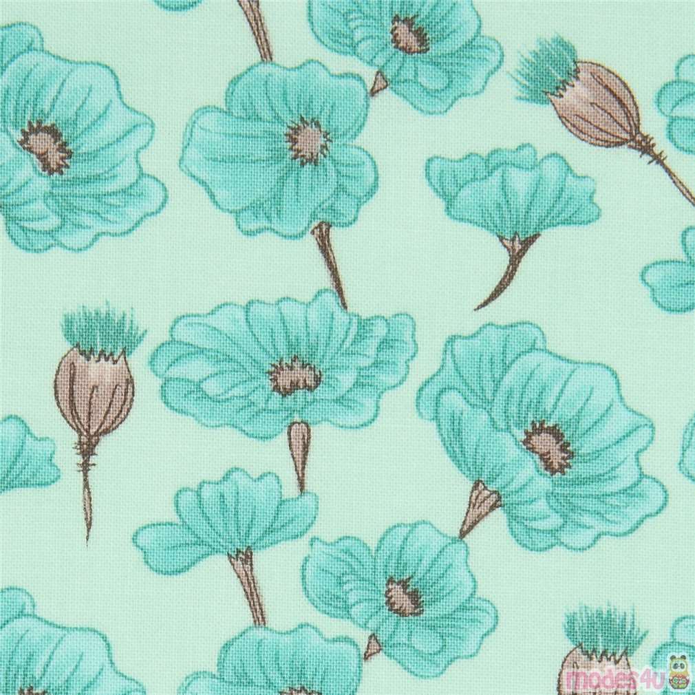 mint green Moda fabric with poppy flowers - modeS4u