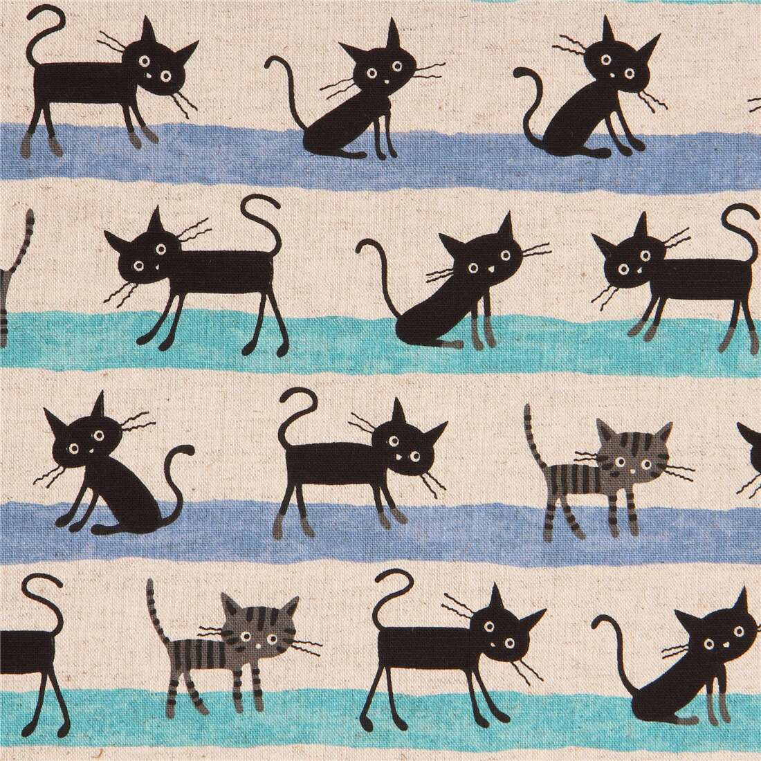 natural color black cat turquoise blue line stripe Canvas fabric from ...