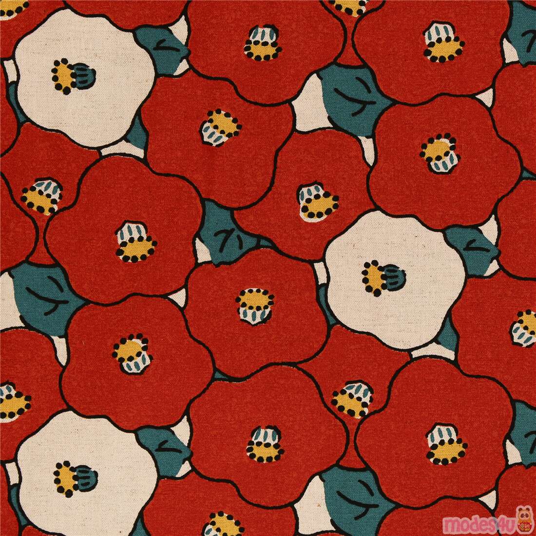 natural color red poppy flowers modern Japanese canvas cotton fabric