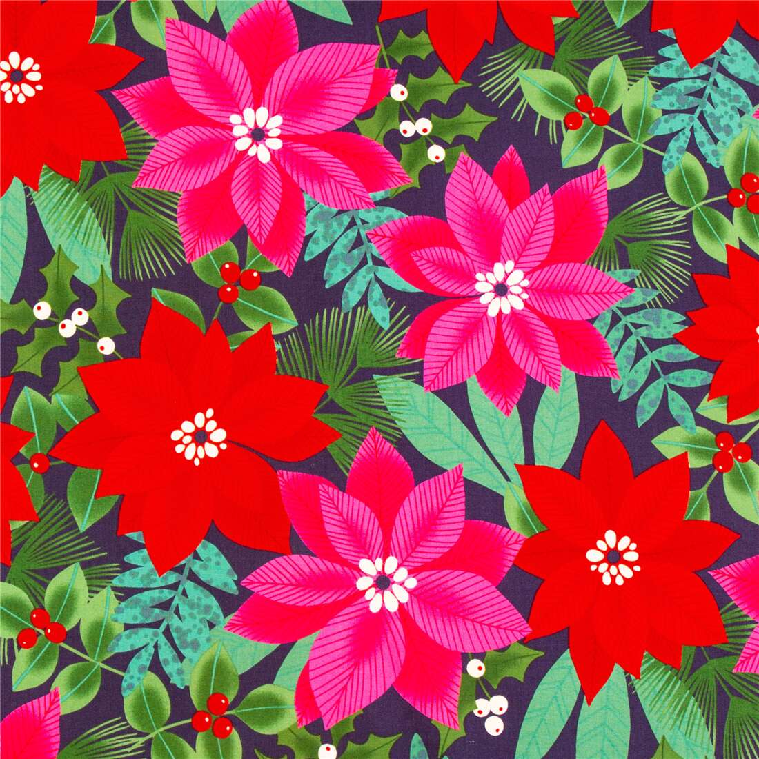  Soimoi Red Cotton Canvas Fabric Leaves & Poinsettia