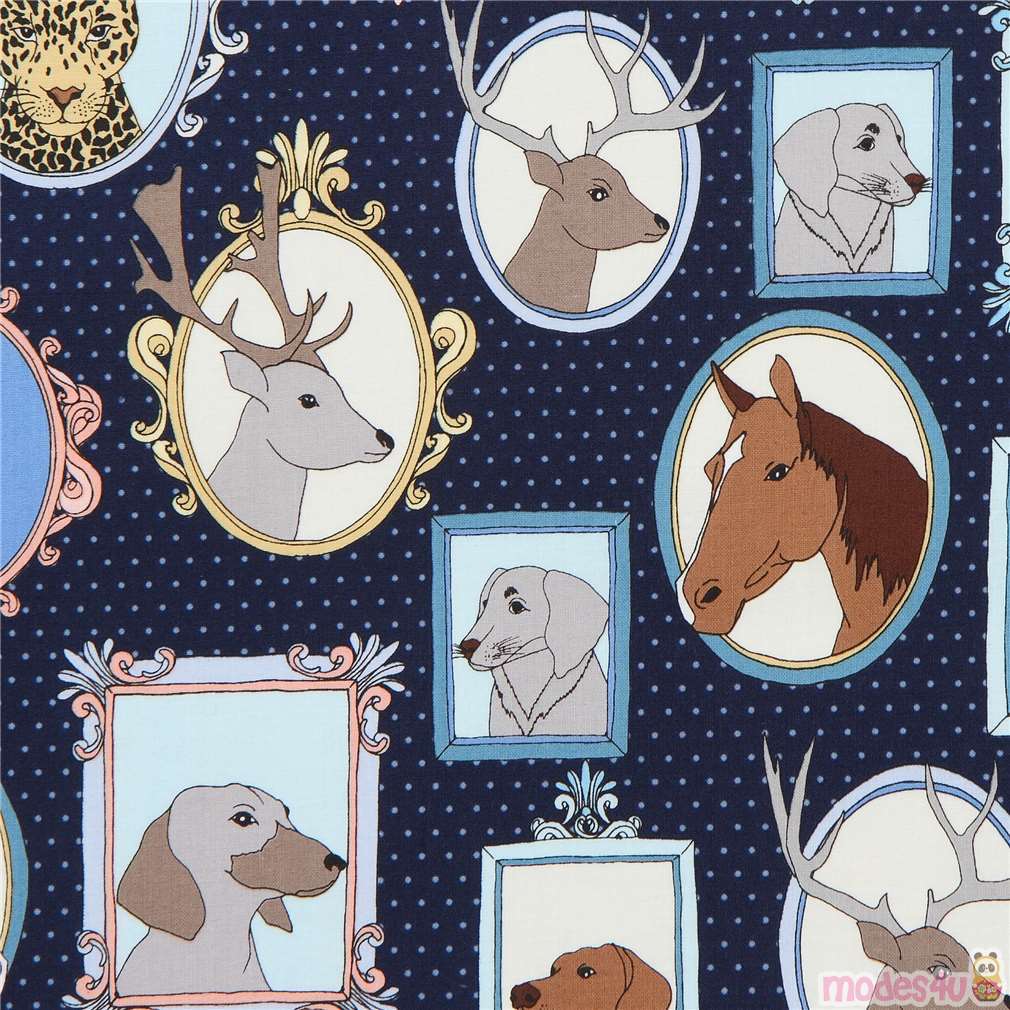 navy blue Michael Miller fabric with animals and frames Fabric by ...