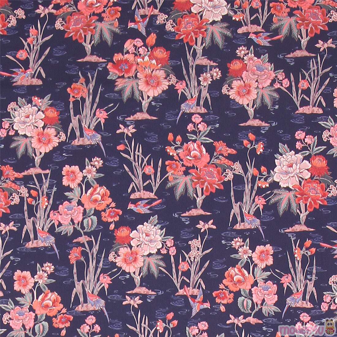 navy blue Tana Lawn cotton fabric with water flowers by Liberty Fabrics