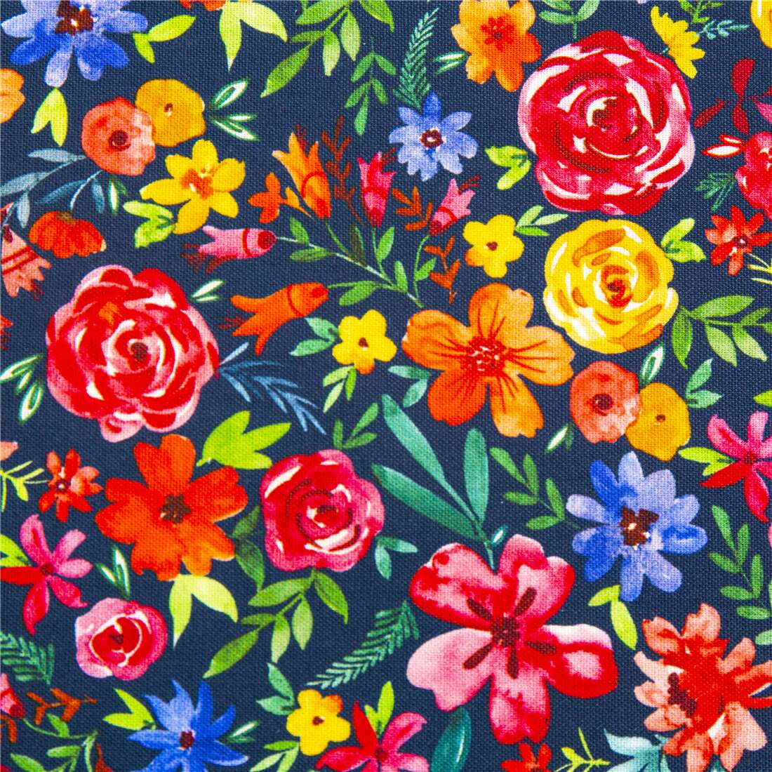 navy blue cotton fabric Michael Miller with multicolour tumbling blooms ...