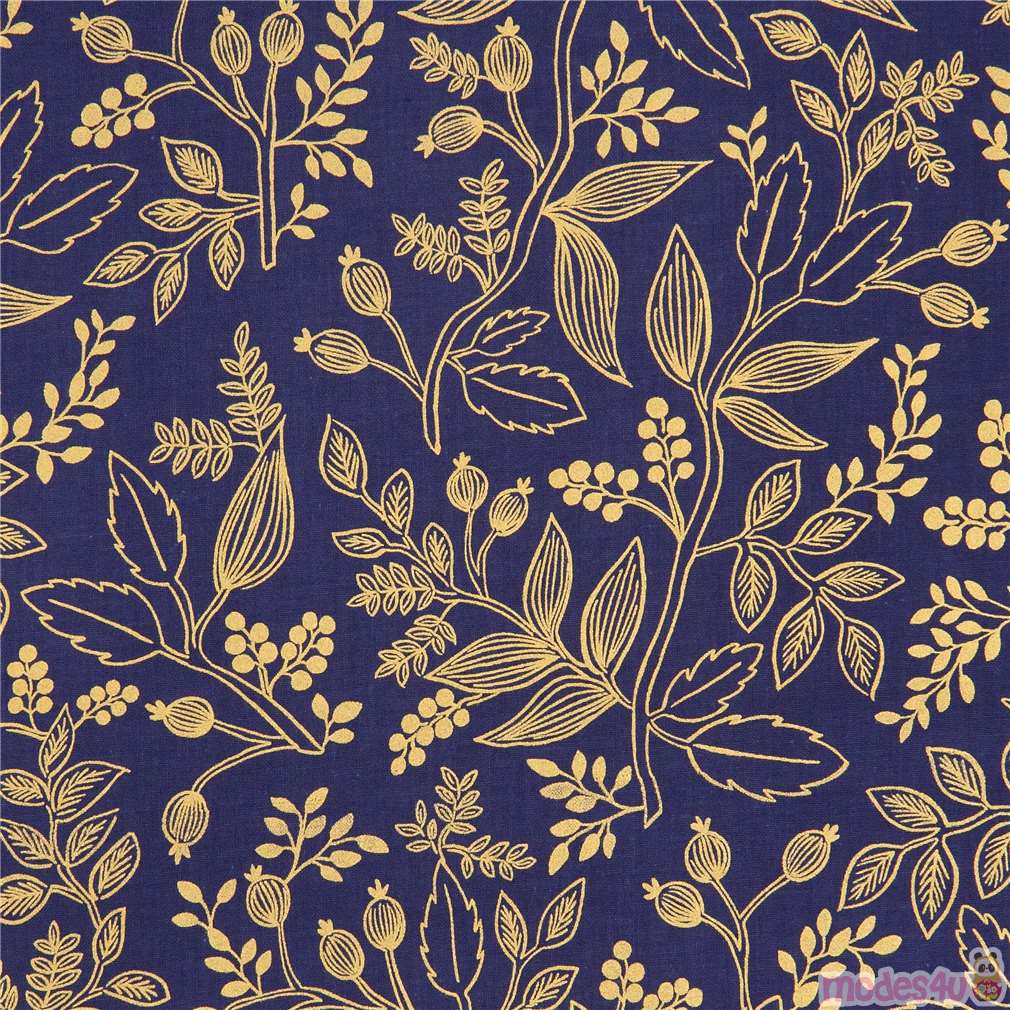 navy blue fabric with leaf gold metallic fabric by Cotton and Steel ...