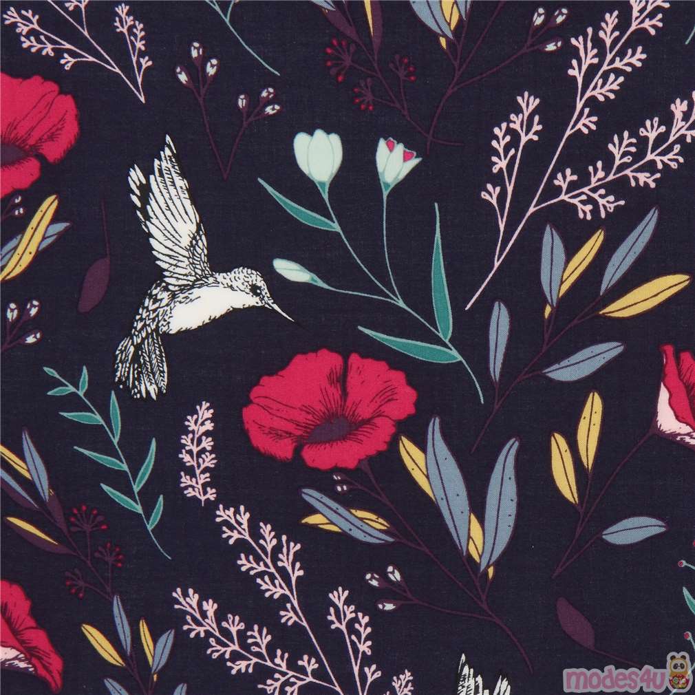 navy blue flower and hummingbird rayon fabric Fabric by Japanese Indie