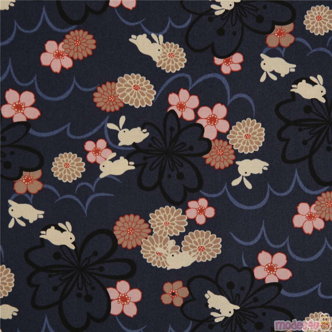 navy blue pink sakura flower white rabbit Japanese cotton fabric Fabric ...