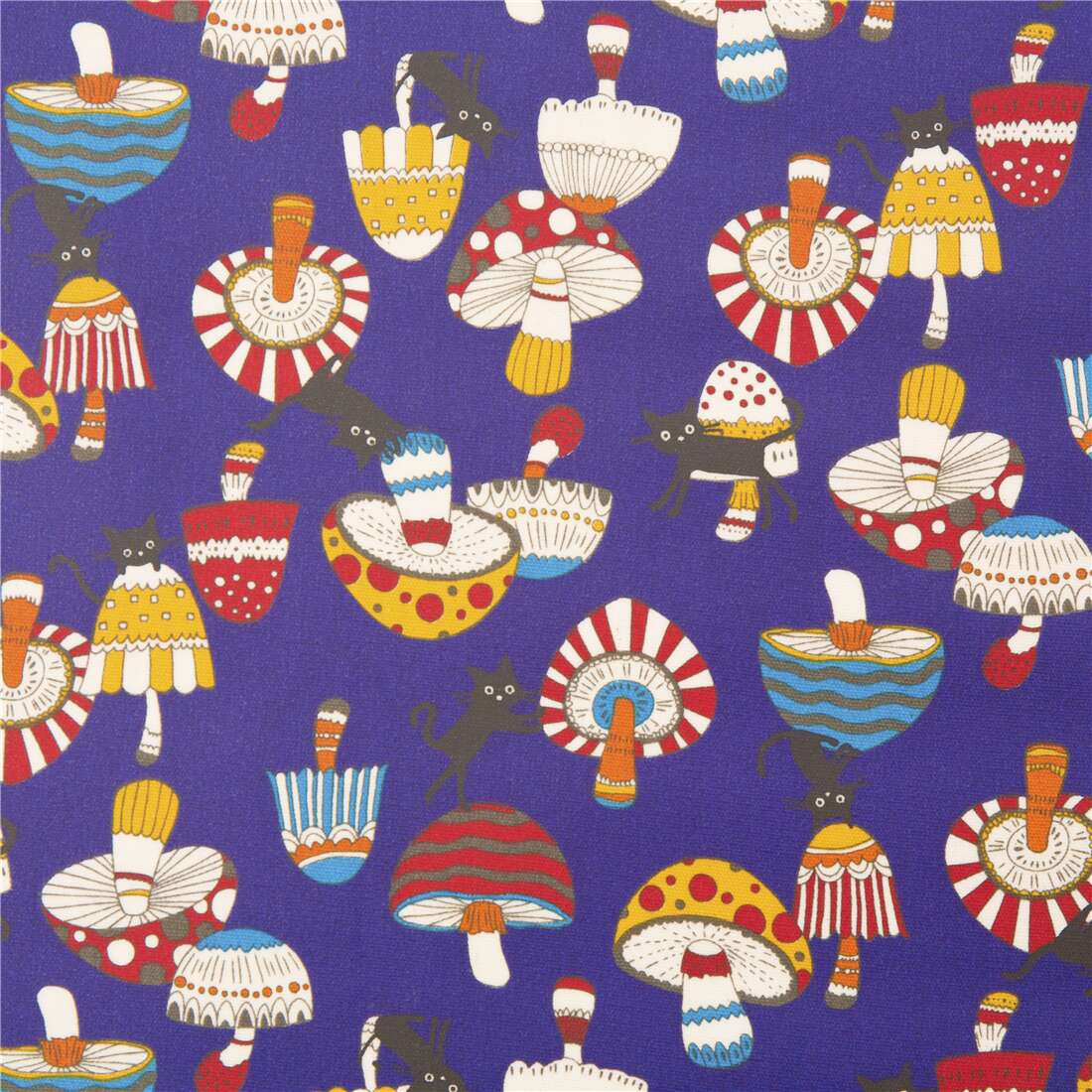 navy strong oxford laminate fabric with cats and mushrooms from Japan