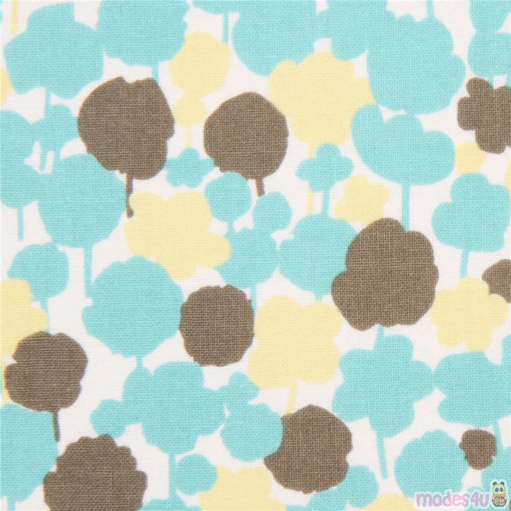 Off White Kokka Fabric Light Blue Green Brown Pale Yellow Flower Silhouette Modes4u