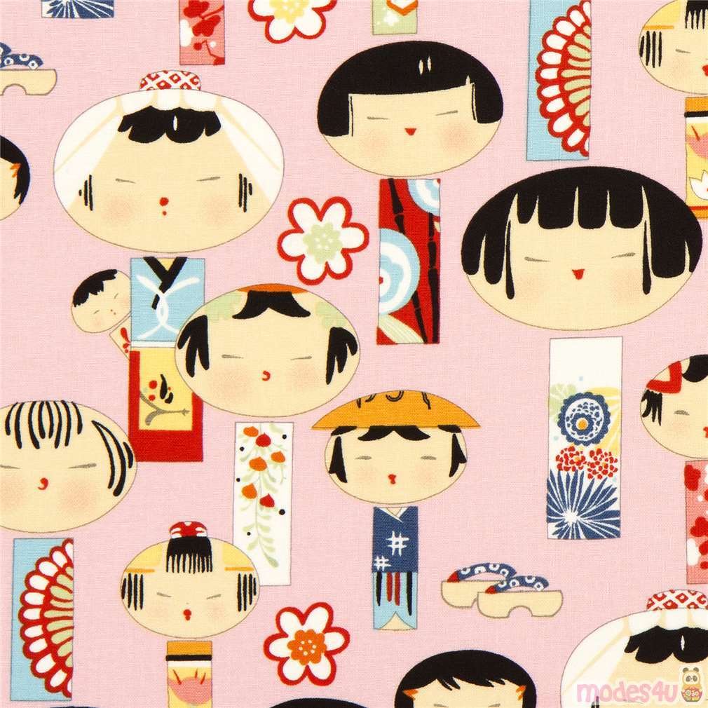 pale pink Alexander Henry fabric with Japanese Kokeshi dolls Fabric by ...