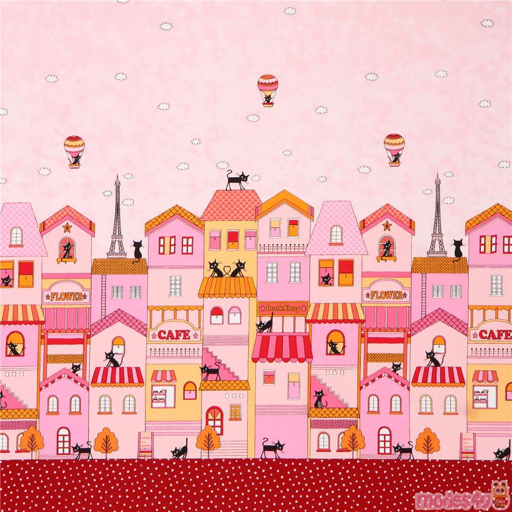 pale pink double border Paris cat canvas fabric from Japan Fabric by Japanese Indie modeS4u