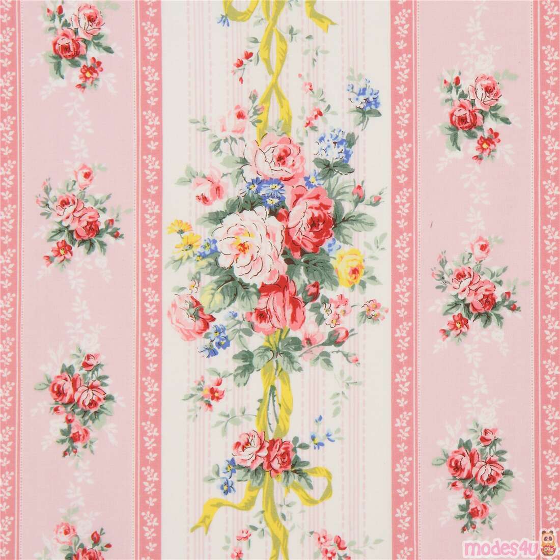 Vintage Cotton Fabric 40s PRETTY Floral Stripe Pink Bouquets 35w 1yd 