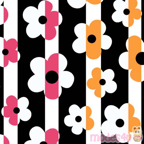 pink orange flower black white stripe fabric by Henry Glass - modeS4u