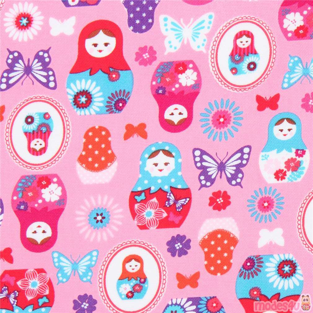 pink with Matryoshka butterfly oxford fabric by Kokka Fabric by Kokka