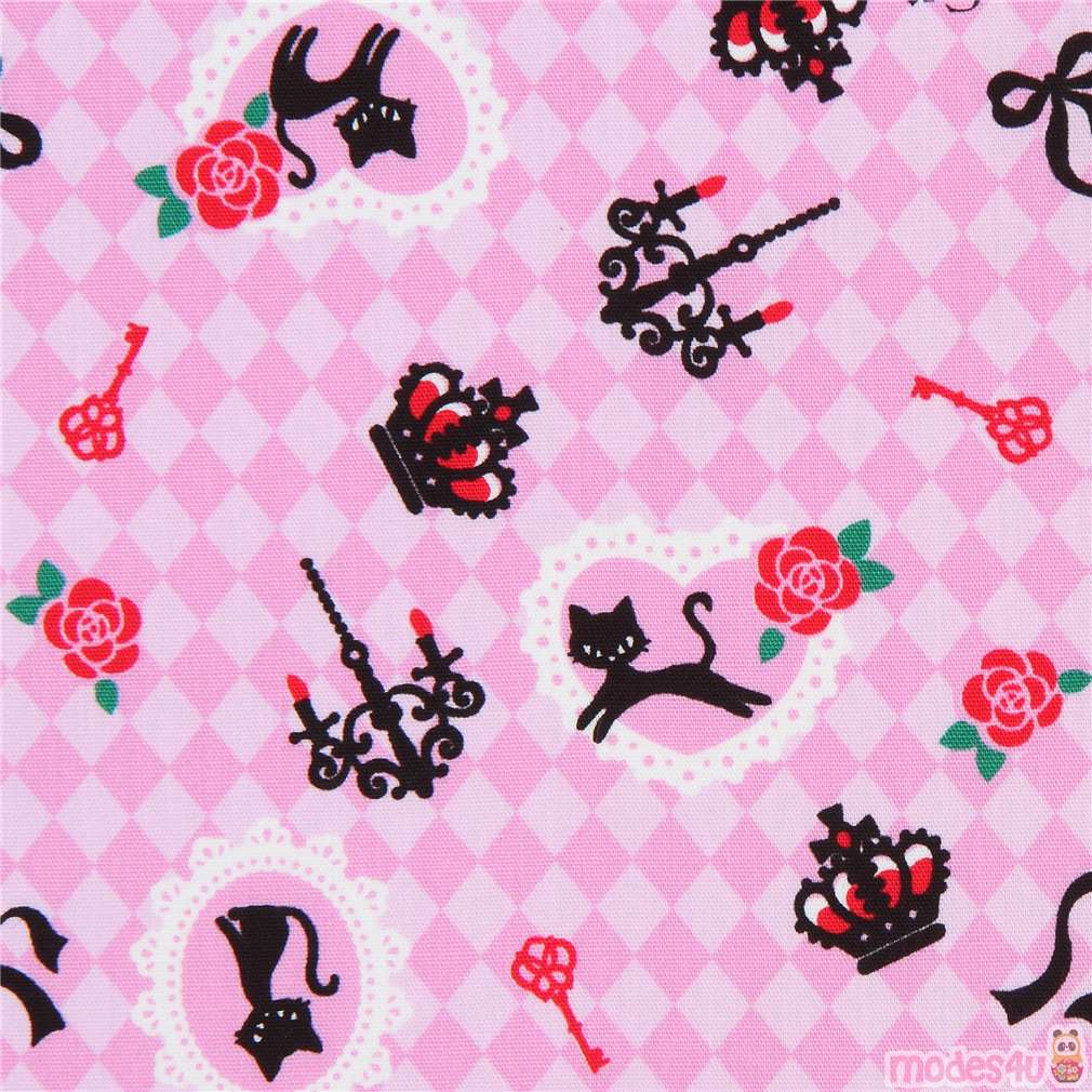 pink with cat animal bow crown poplin fabric from Japan - modeS4u