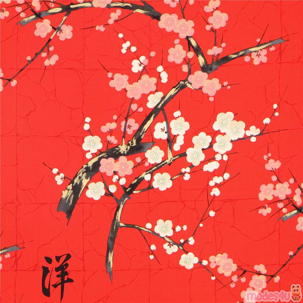 Red Japanese Cotton Fabric Flower Patterns Made In Japan Width 110 Cm X