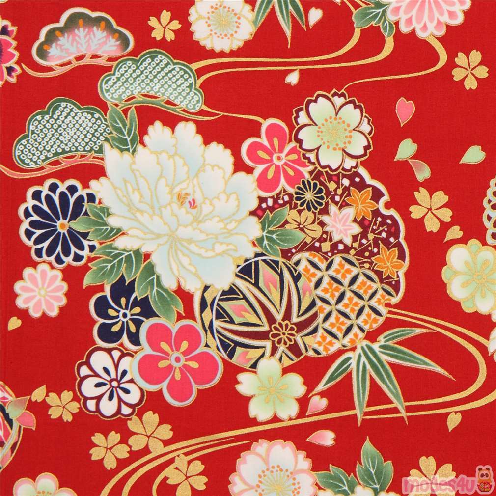 red Kokka fabric with flowers and gold metallic embellishment - modeS4u