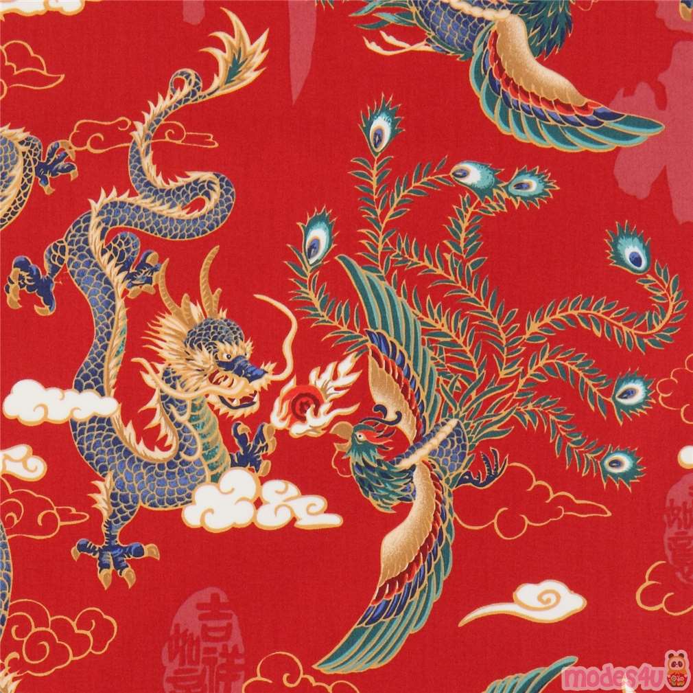 Remnant (46 x 112 cm) - red phoenix and dragon fabric by Trans-Pacific ...