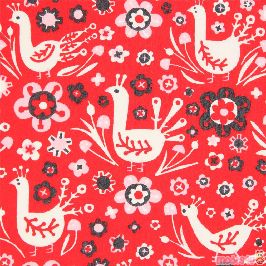 red with bird animal flower organic poplin fabric from the USA modeS4u