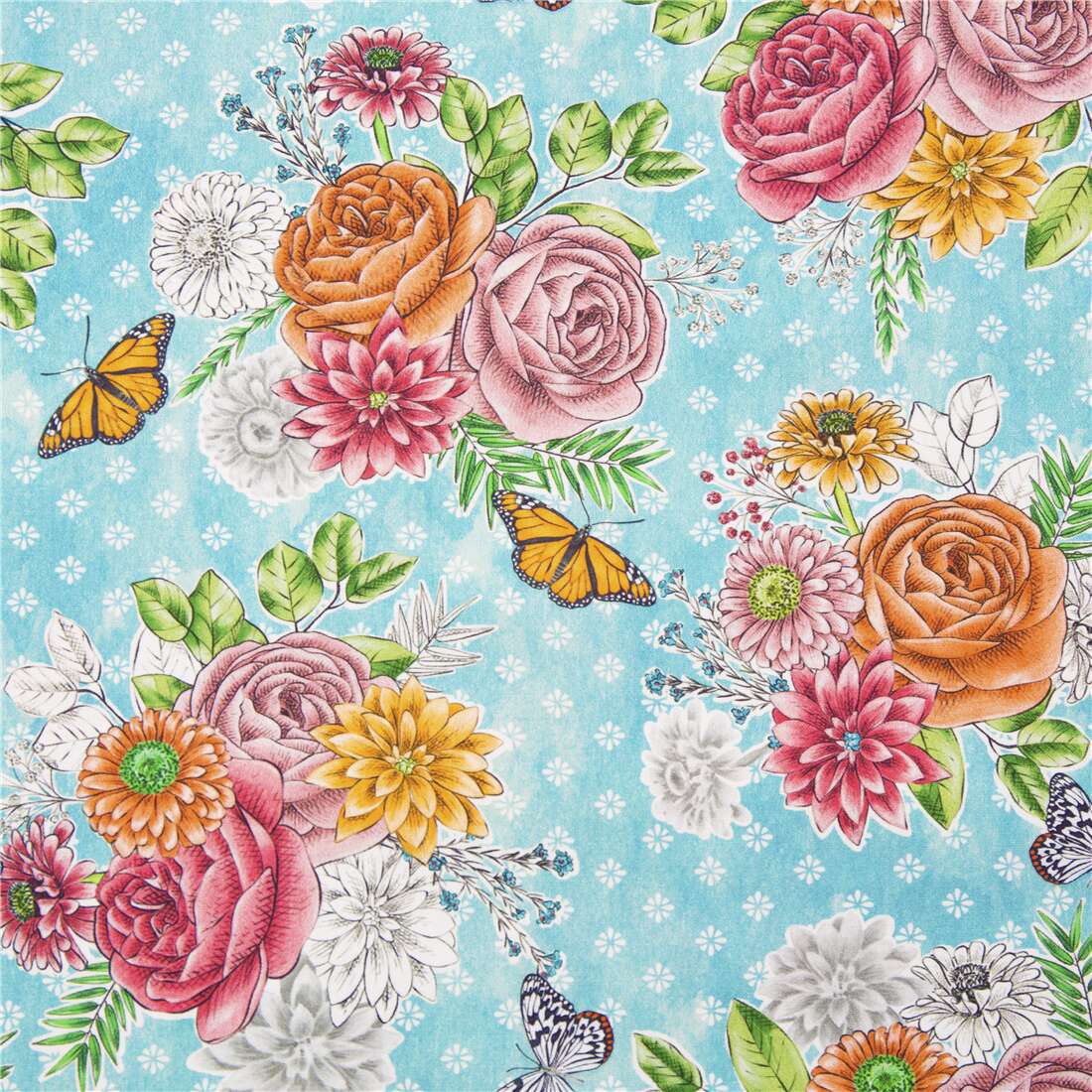 Blushing Bouquet Riviera Roses Butterflies Fabric by Michael Miller