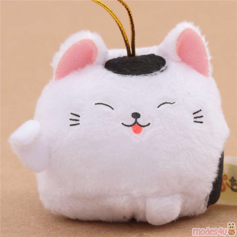 small white cat black patch with gold color strap Puchimaru plush charm ...