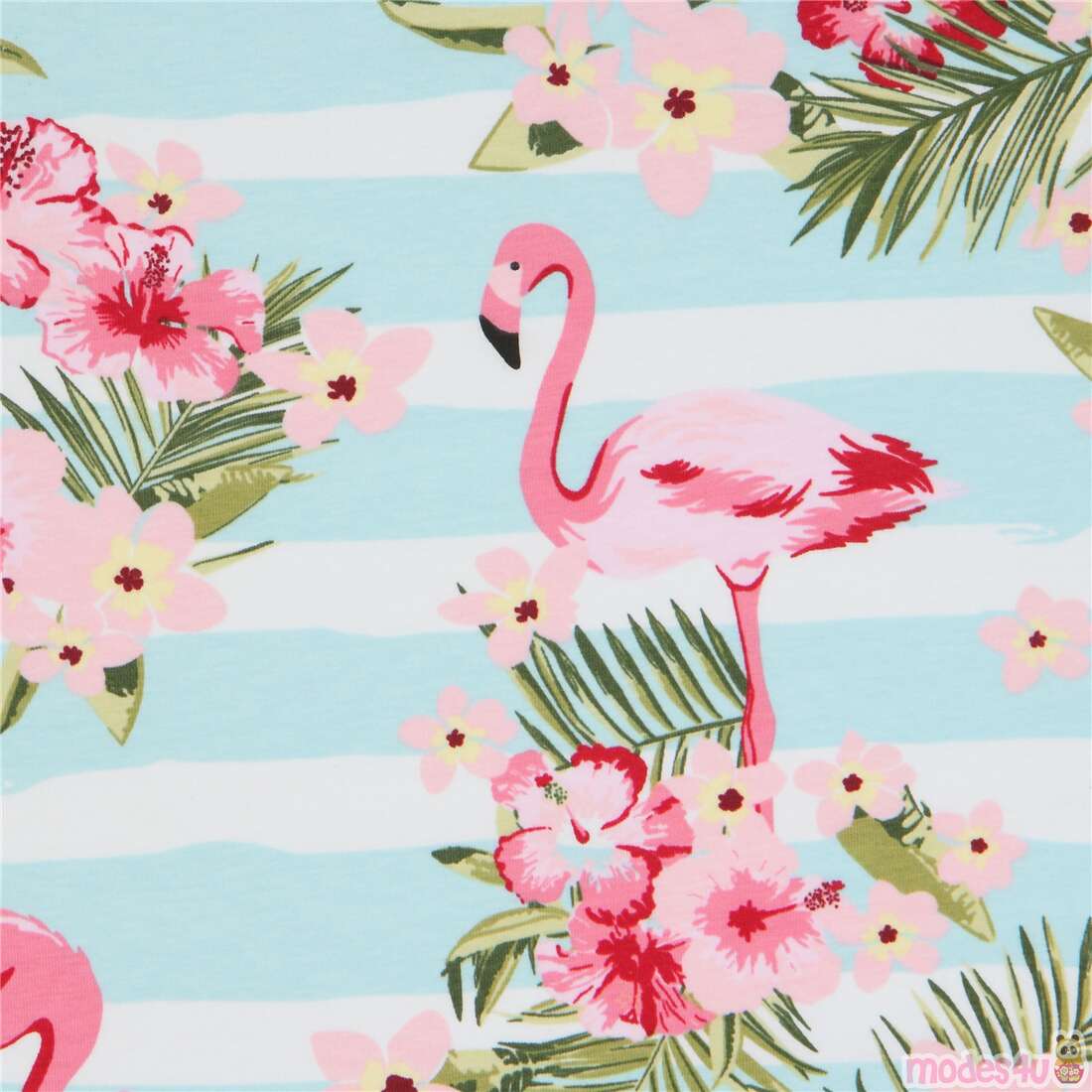 Latter Imagination Forventer striped knit fabric with tropical pink flamingos and flowers by Stof  Fabrics - modeS4u