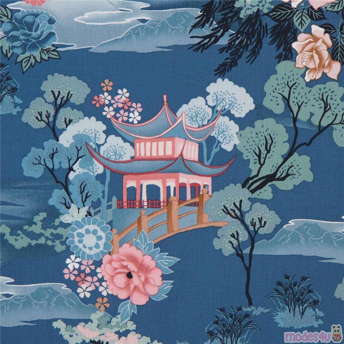 teal Japanese pagoda fabric with peonies and roses by Michael Miller ...