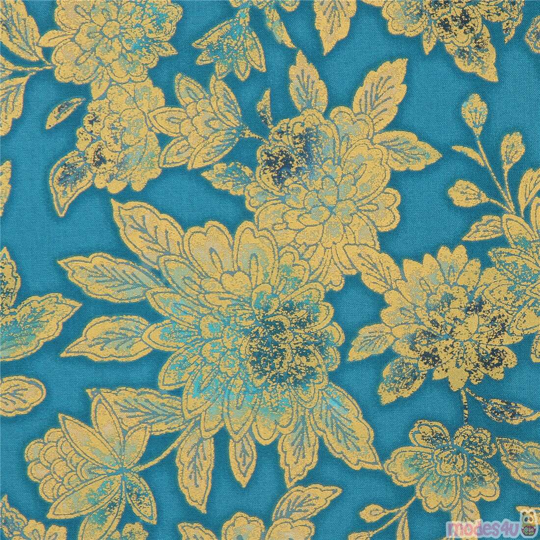 teal Robert Kaufman metallic gold fabric with peony flowers modeS4u
