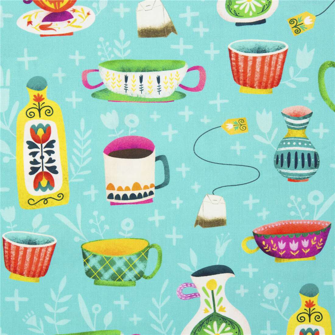 Passion for Tea Colourful Teacups Fabric by Michael Miller modeS4u