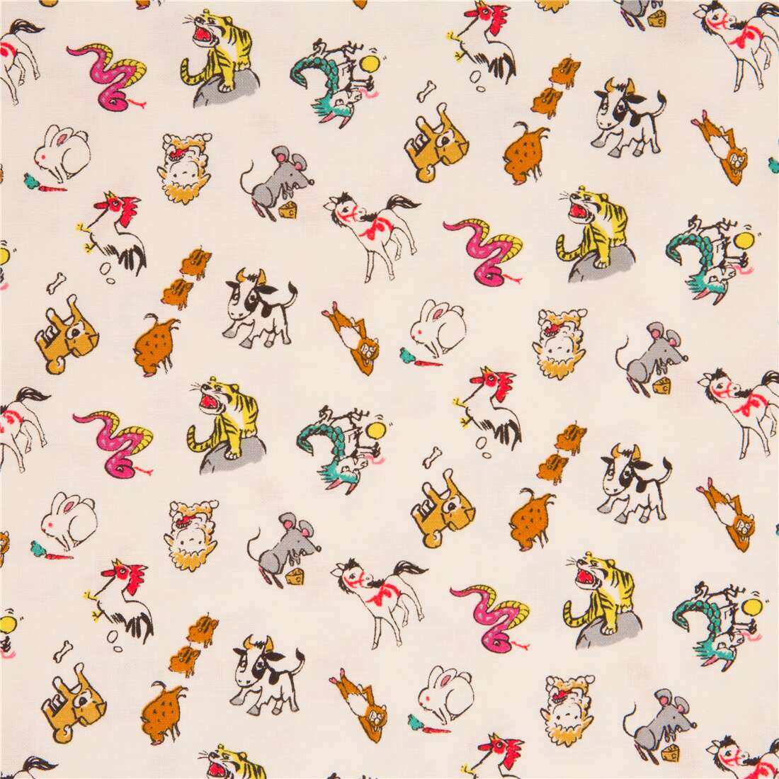 tumbling Chinese zodiac animals cute illustrated cotton off white Japan  fabric - modeS4u