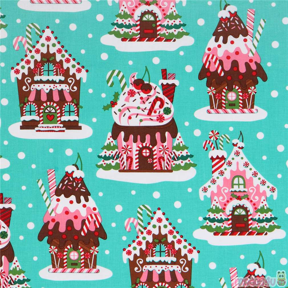 turquoise Gingerbread Houses Christmas fabric Michael Miller - modeS4u