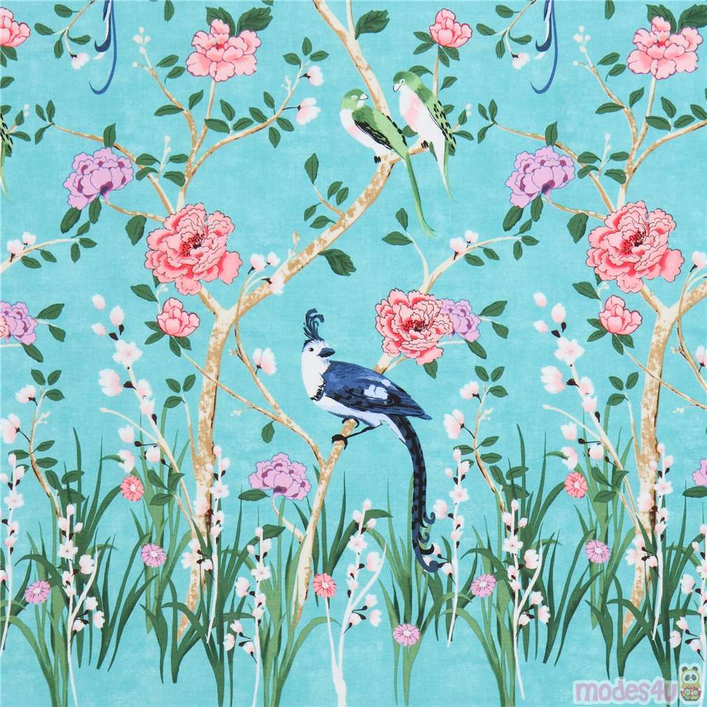 turquoise Michael Miller fabric flower bird Chinoiserie Border