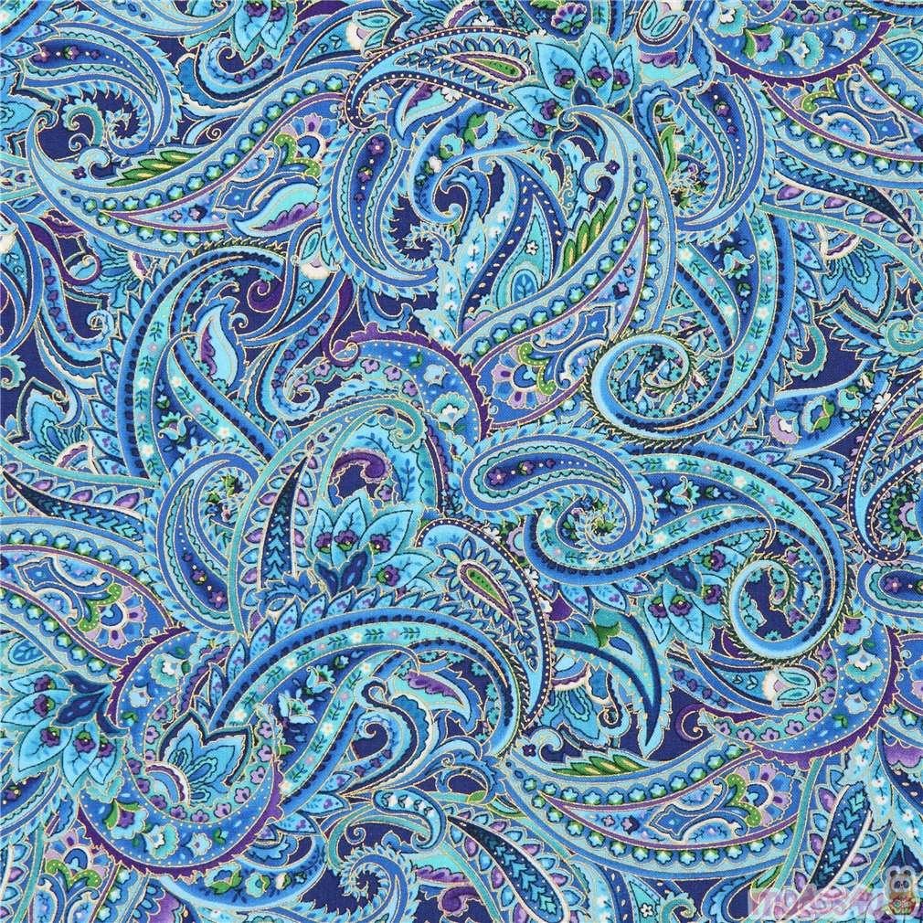 turquoise blue fabric Paisley colorful gold metallic by Timeless ...