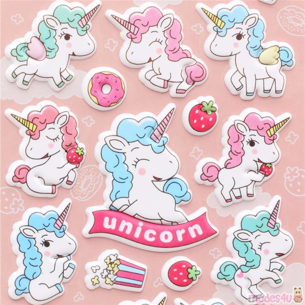 unicorn puffy stickers with strawberries modes4u