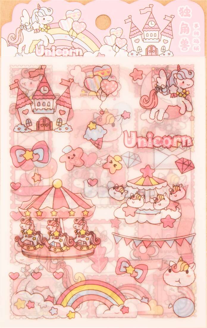 unicorn stamp castle merry go round pink glitter stickers word pink kawaii  - modeS4u