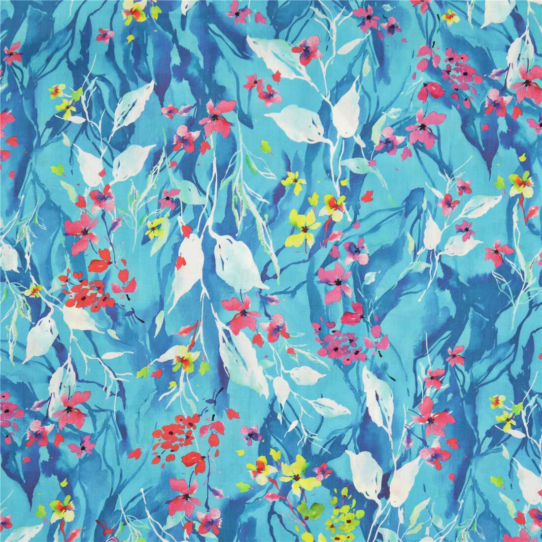 watercolor floral on blue by Robert Kaufman cotton lawn fabric Fabric by Robert Kaufman modeS4u