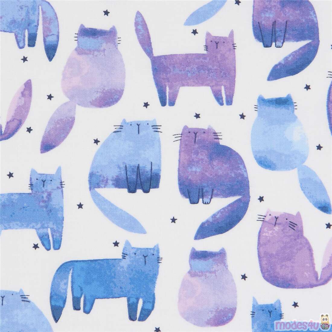 white Dear Stella fabric with purple and blue cats - modeS4u
