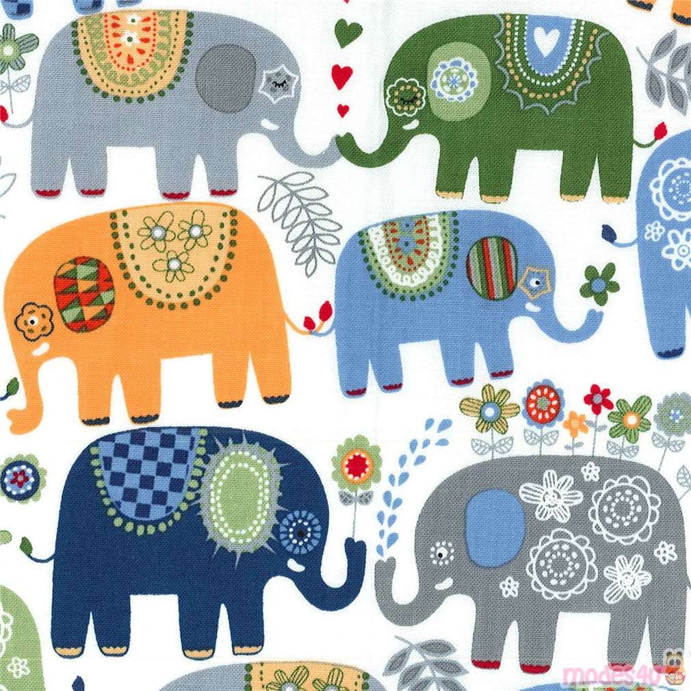 white-michael-miller-fabric-colorful-blue-grey-elephant-happy-elephants-animal-fabric-fabric