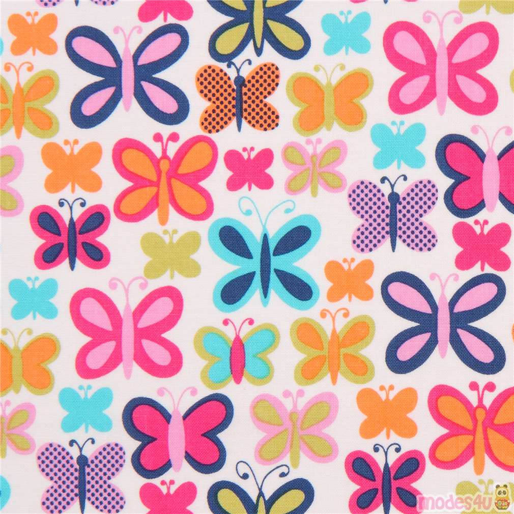 white Michael Miller fabric colorful cute butterflies Sweet Butterfly ...