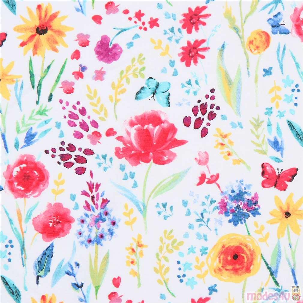 white Michael Miller fabric colorful flower Meadow Menagerie Fabric by