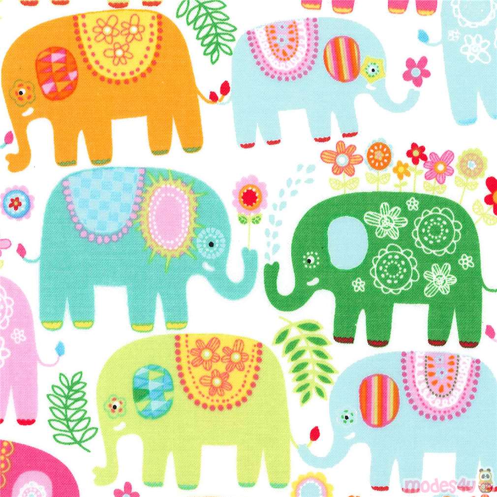 white-michael-miller-fabric-colorful-pink-lime-green-elephant-happy-elephants-fabric-by-michael