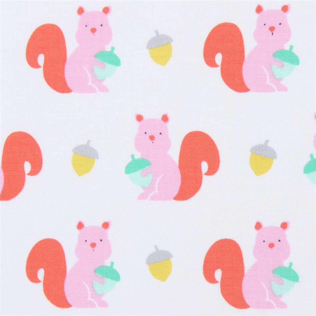 white Michael Miller fabric pink orange squirrel animal Clementine