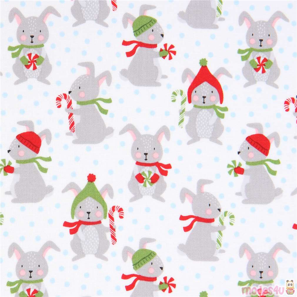 white Robert Kaufman bunny rabbit dot Christmas fabric Frosty Friends