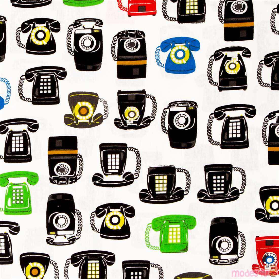 white Robert Kaufman fabric with retro telephones Fabric by Robert