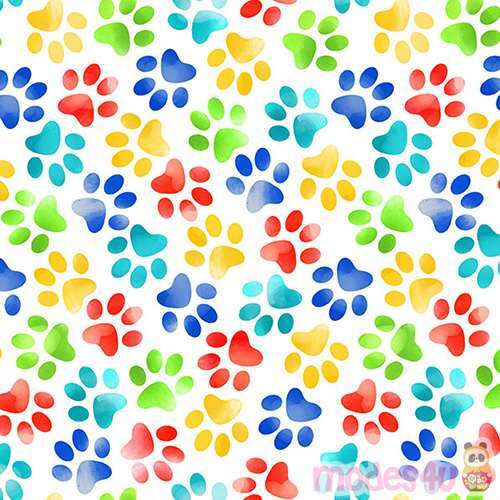 white Timeless Treasures colorful paw print fabric Fabric by