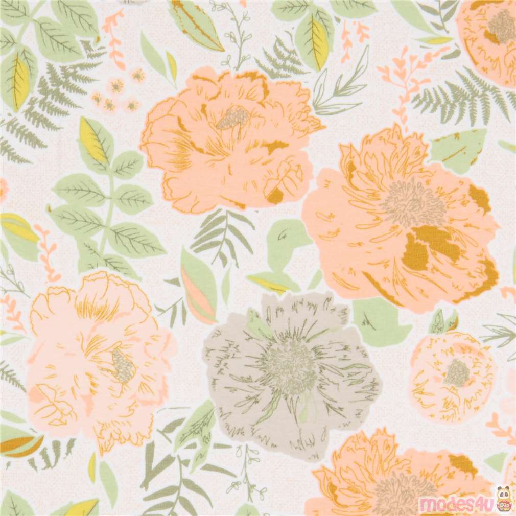 white and light peach Art Gallery Fabrics knit fabric with flowers