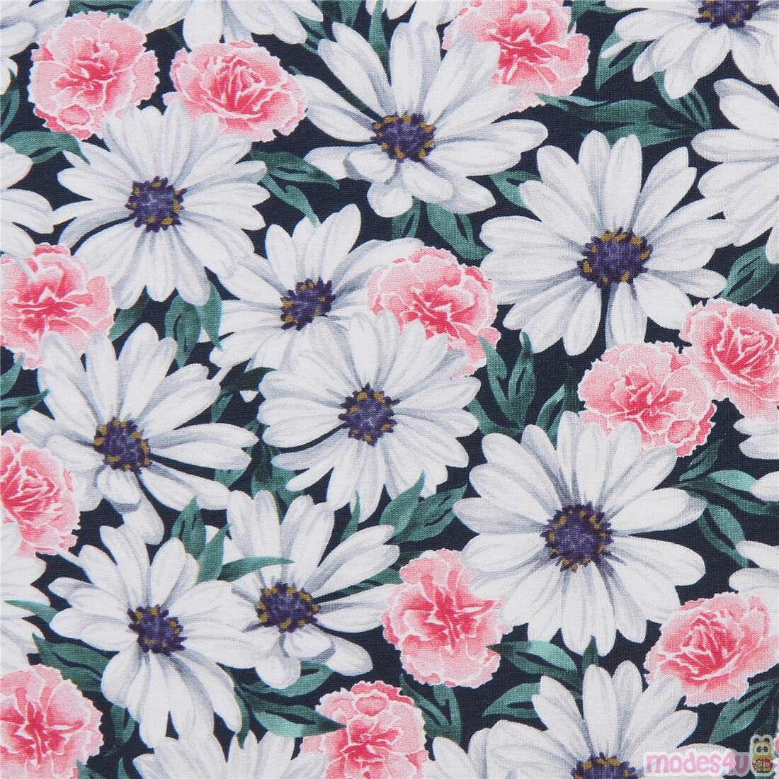 white daisy and pink carnation knit fabric by Robert Kaufman Fabric by