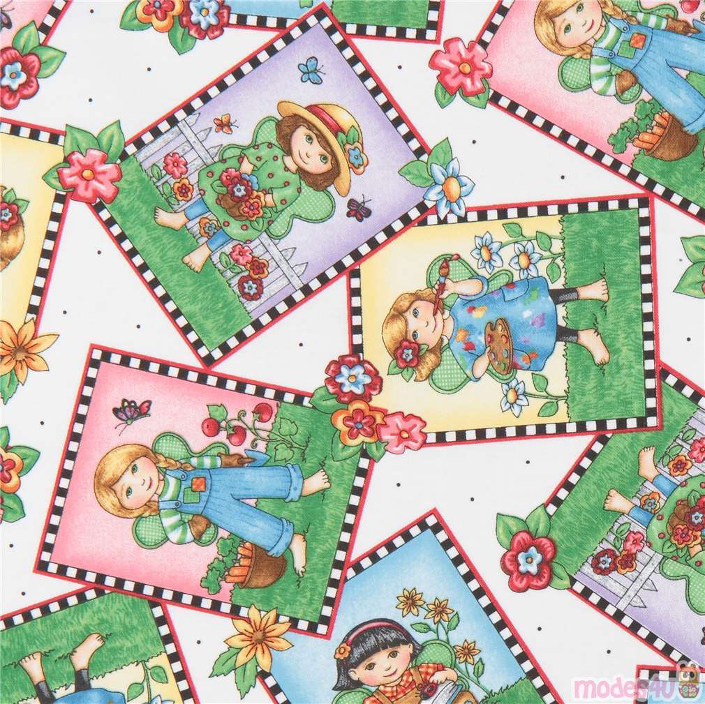 Fat Quarter (50 x 54 cm) - white fabric with cute children colorful