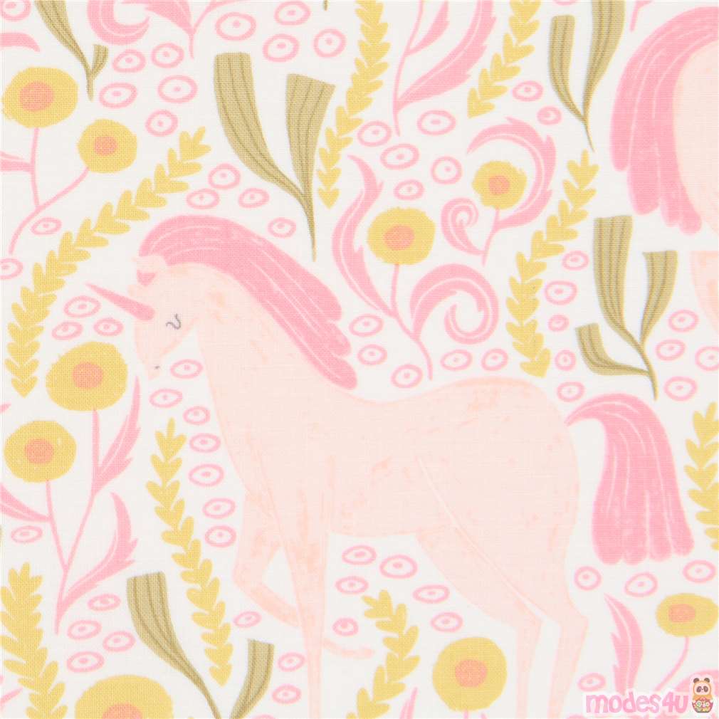 white fabric with unicorn animal flower leaf fairy tale by Dear Stella